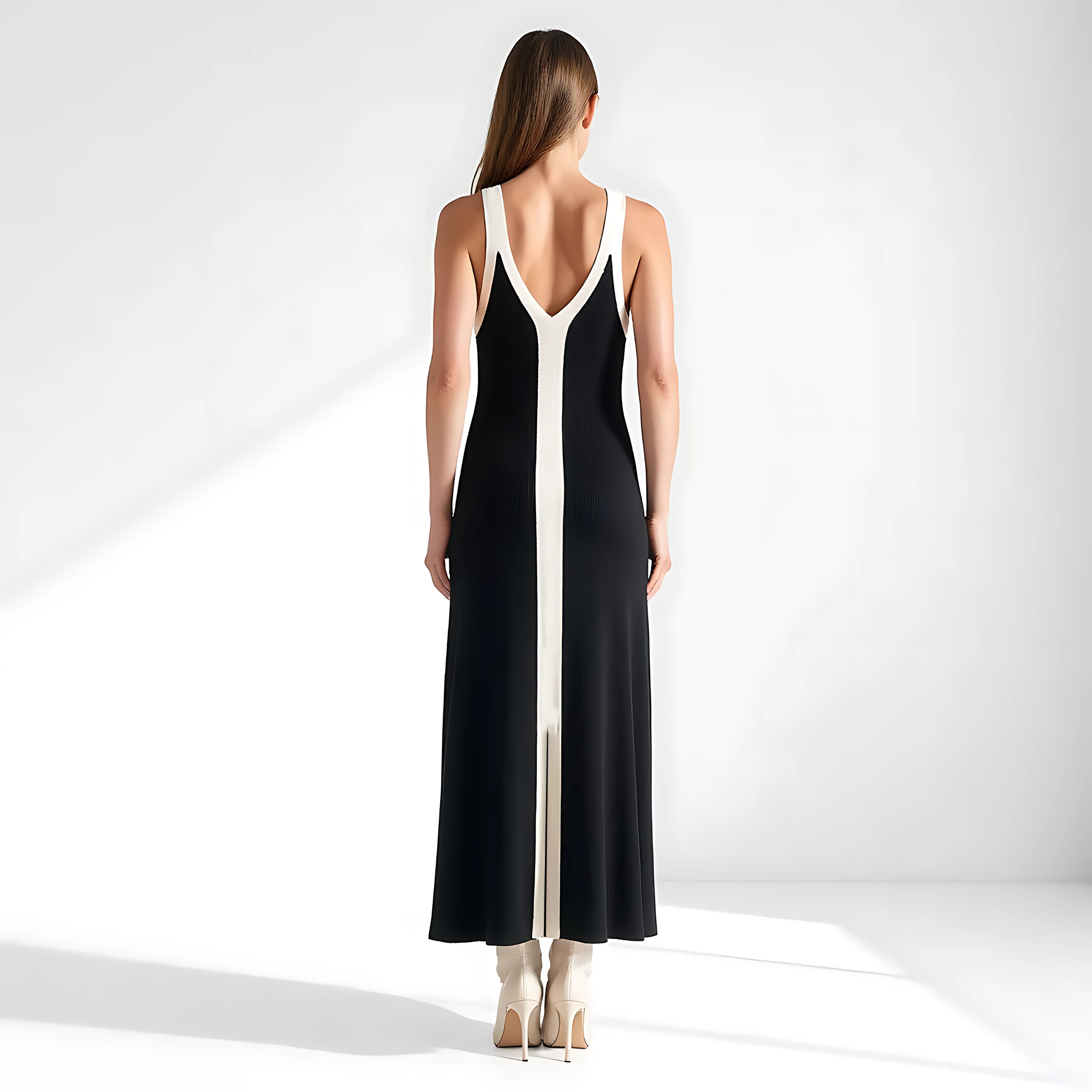 Elegant Contrast Maxi Dress with V-Neckline