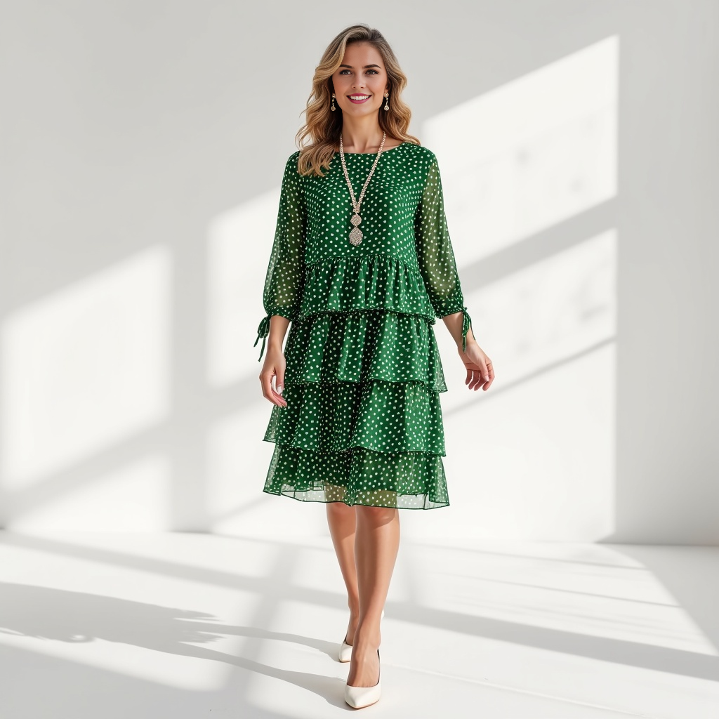 Sheer Sleeve Tiered Polka Dot Dress