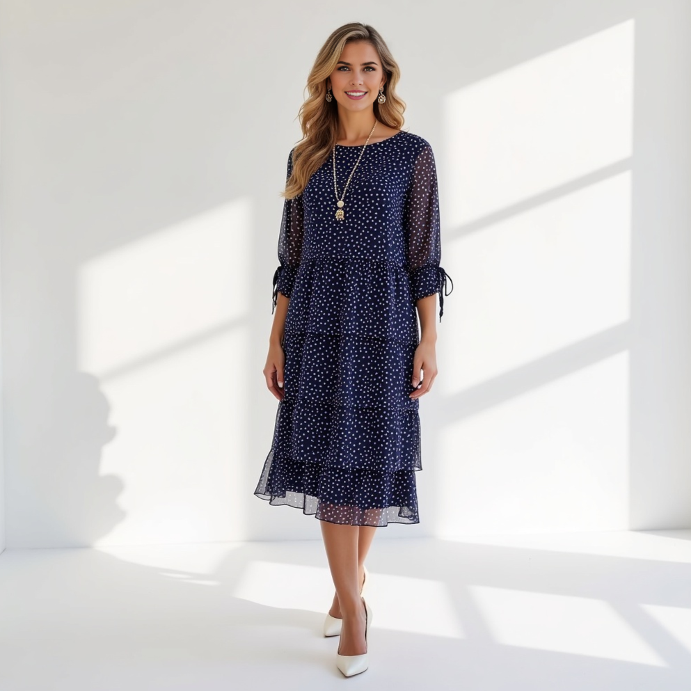 Sheer Sleeve Tiered Polka Dot Dress
