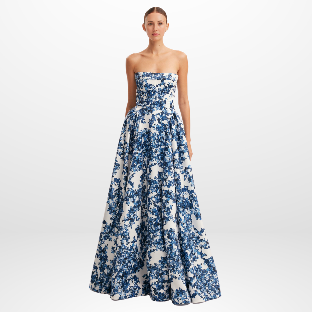 Blue Floral Strapless Maxi Dress