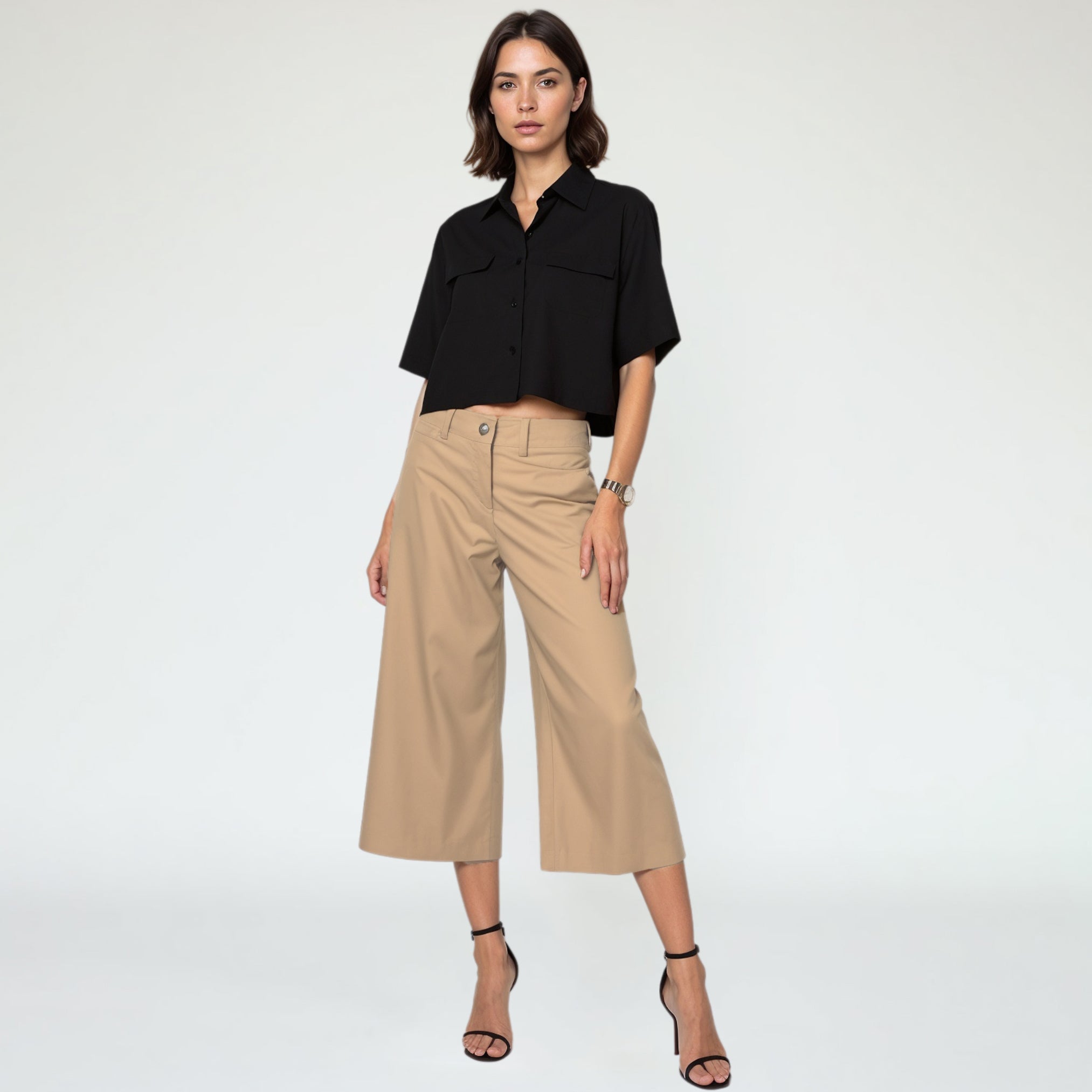 Two-Piece Set: Cropped Shirt with Wide-Leg Pants