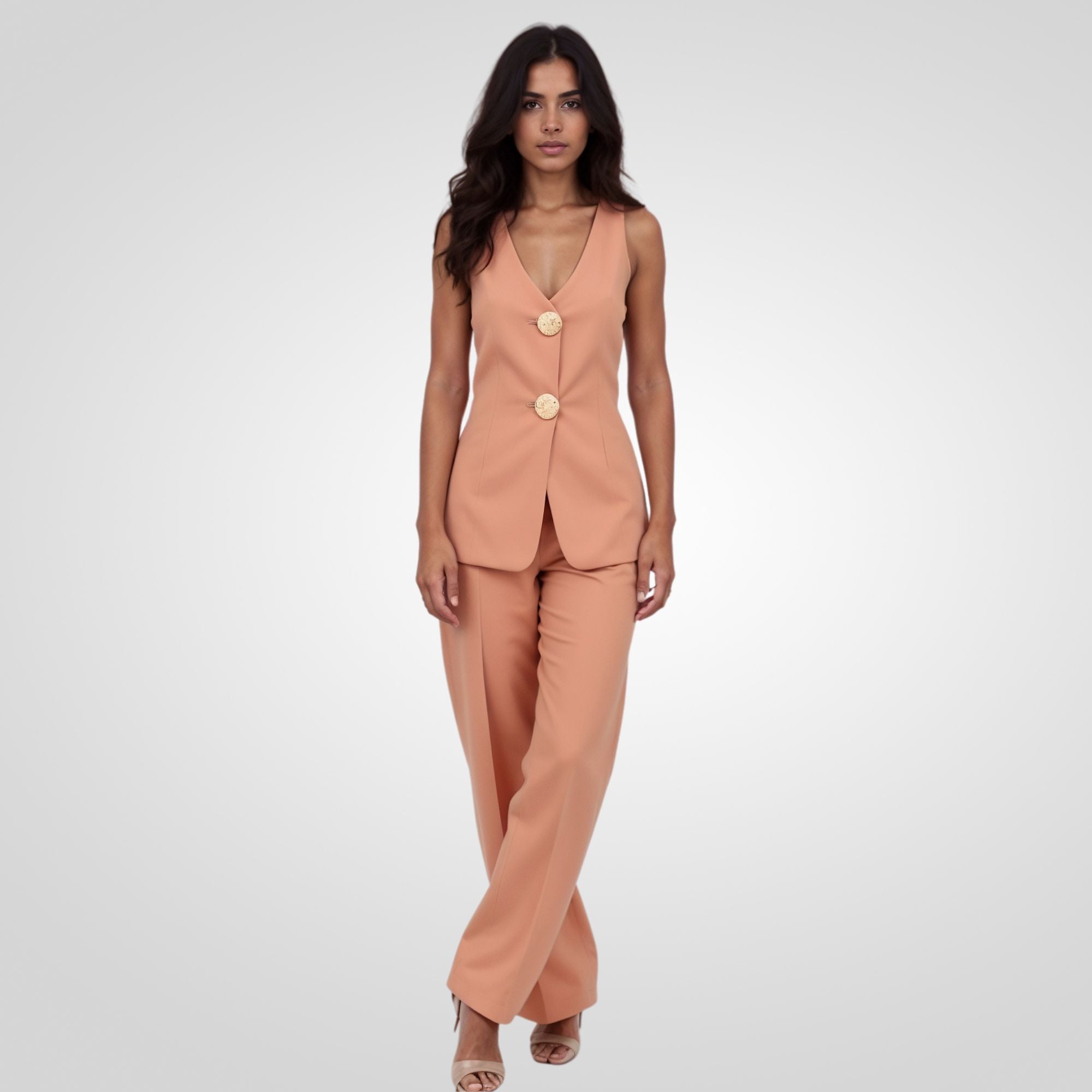 Sleeveless Two-Piece Suit with Gold Buttons