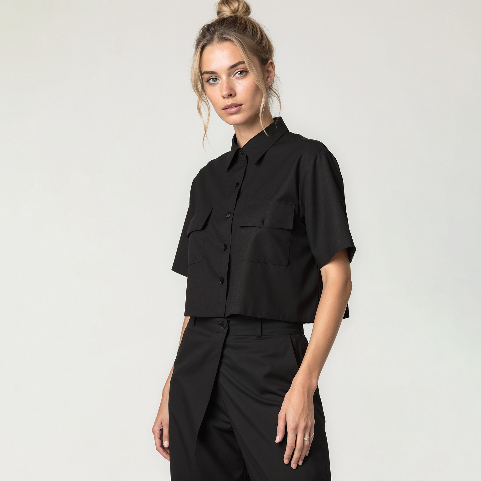 Two-Piece Set: Cropped Shirt with Wide-Leg Pants