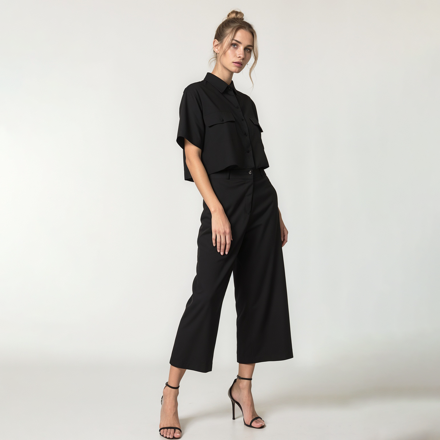 Two-Piece Set: Cropped Shirt with Wide-Leg Pants