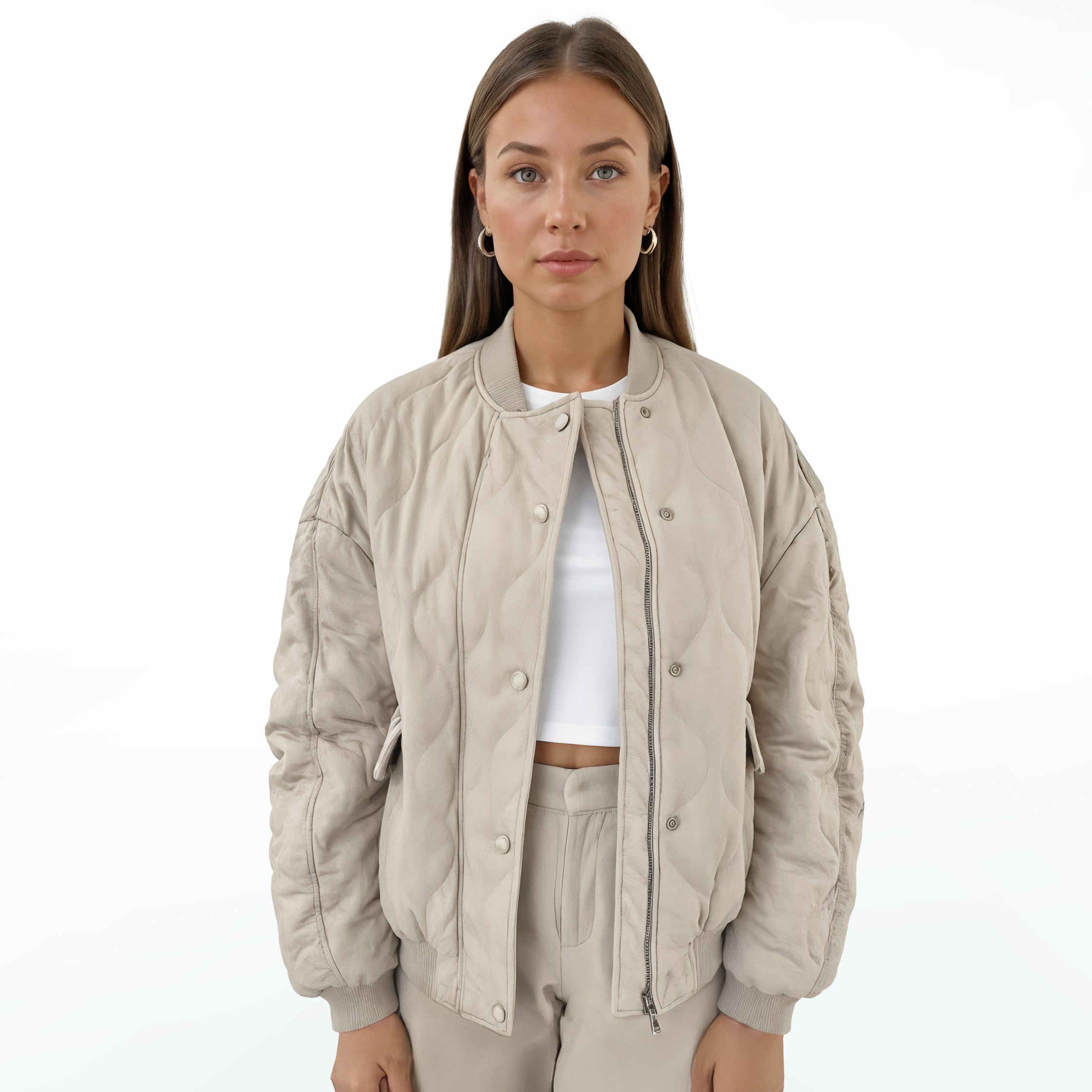 Beige Quilted Bomber Jacket