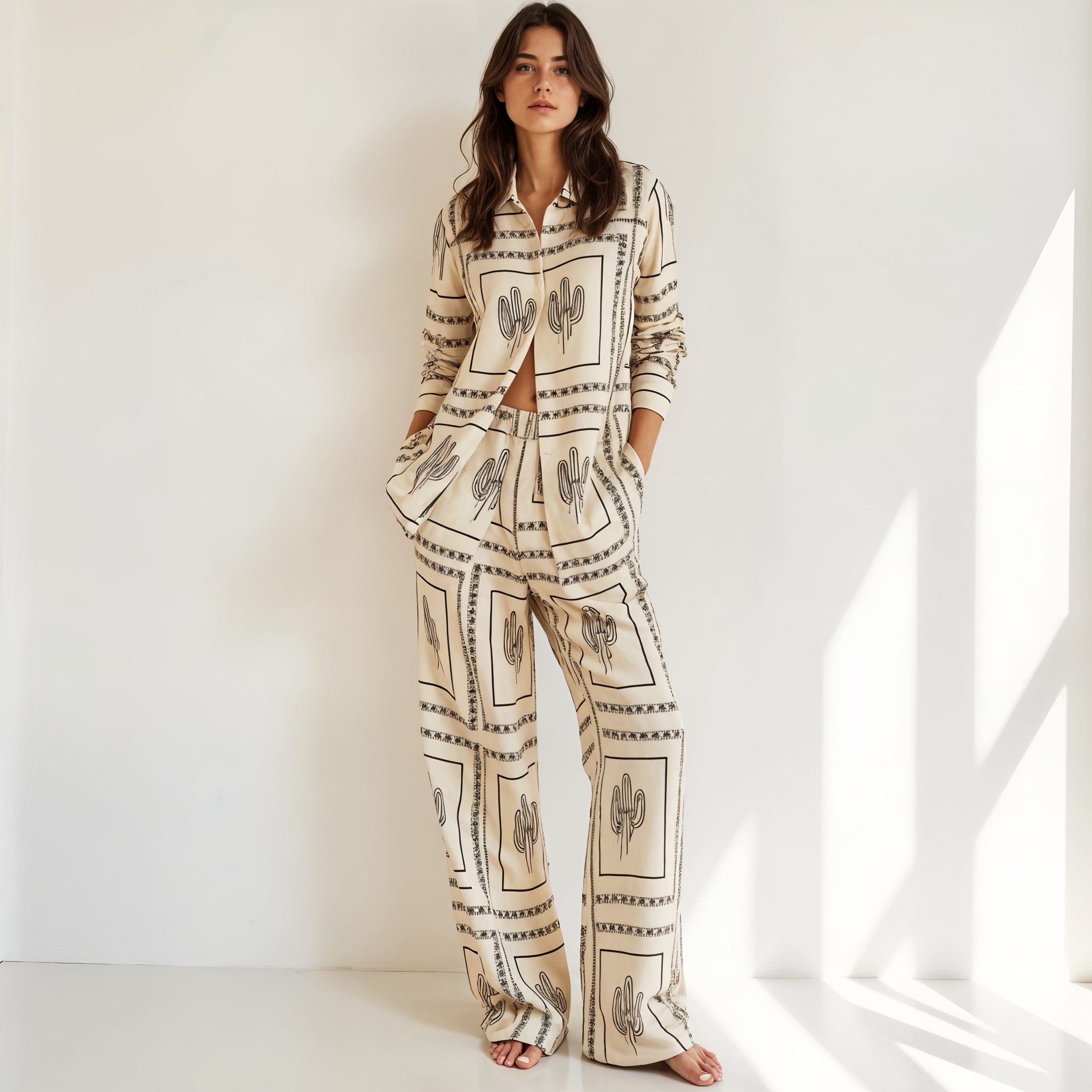 Cactus-Print Button-Up Shirt and Wide-Leg Trousers Set