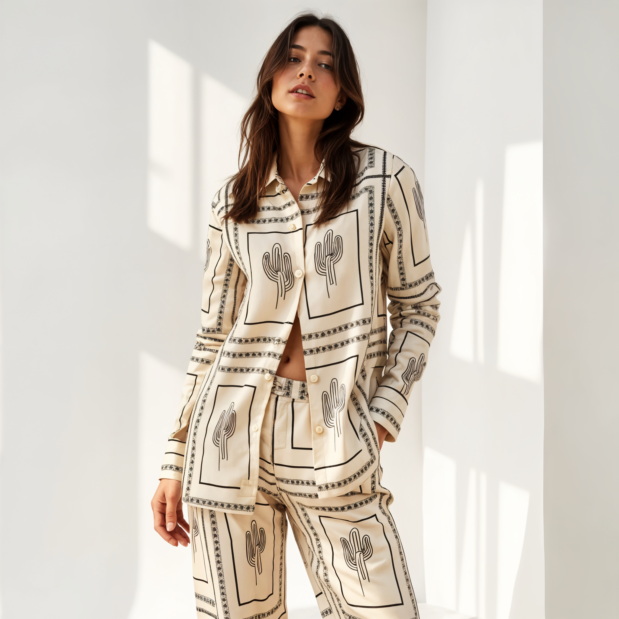 Cactus-Print Button-Up Shirt and Wide-Leg Trousers Set