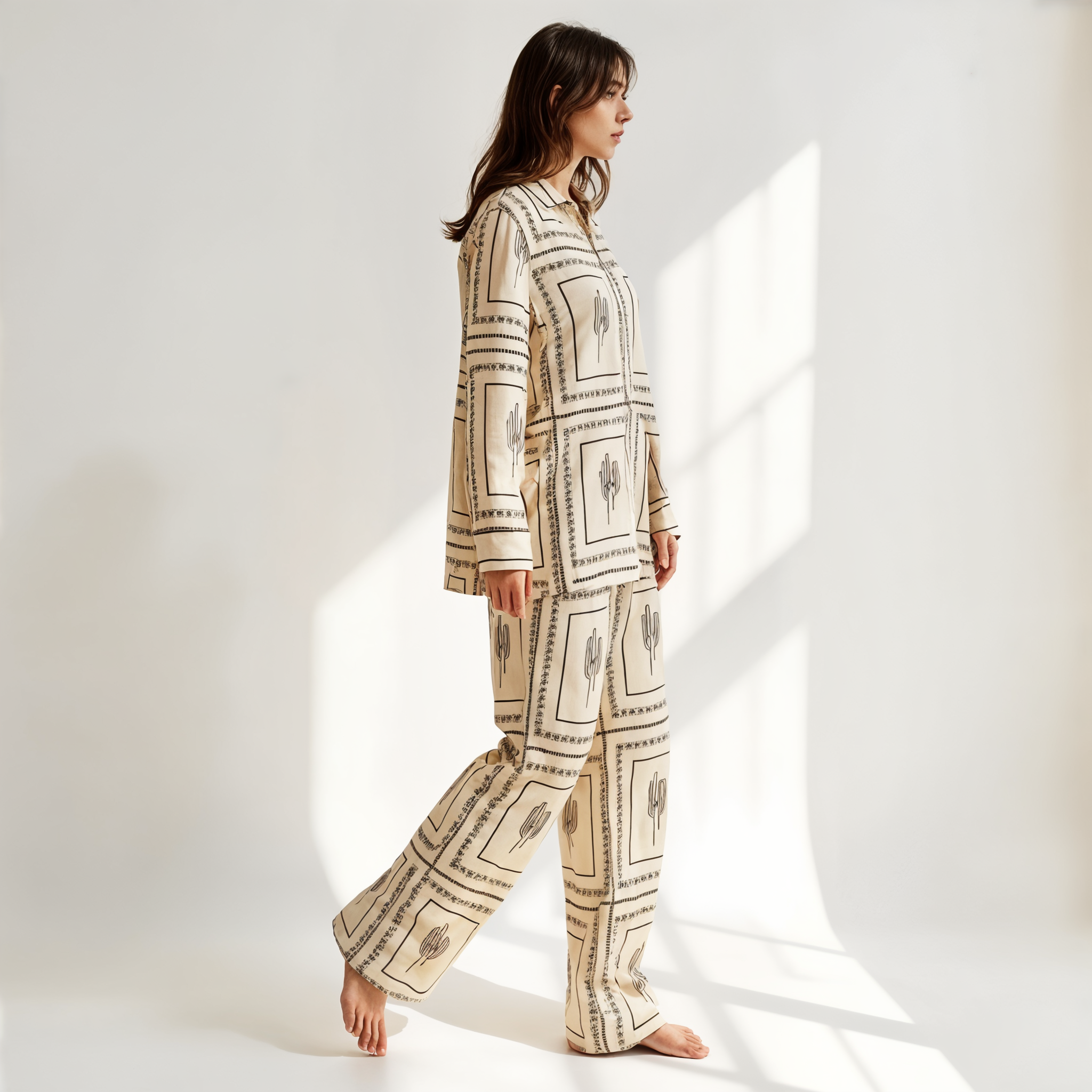 Cactus-Print Button-Up Shirt and Wide-Leg Trousers Set