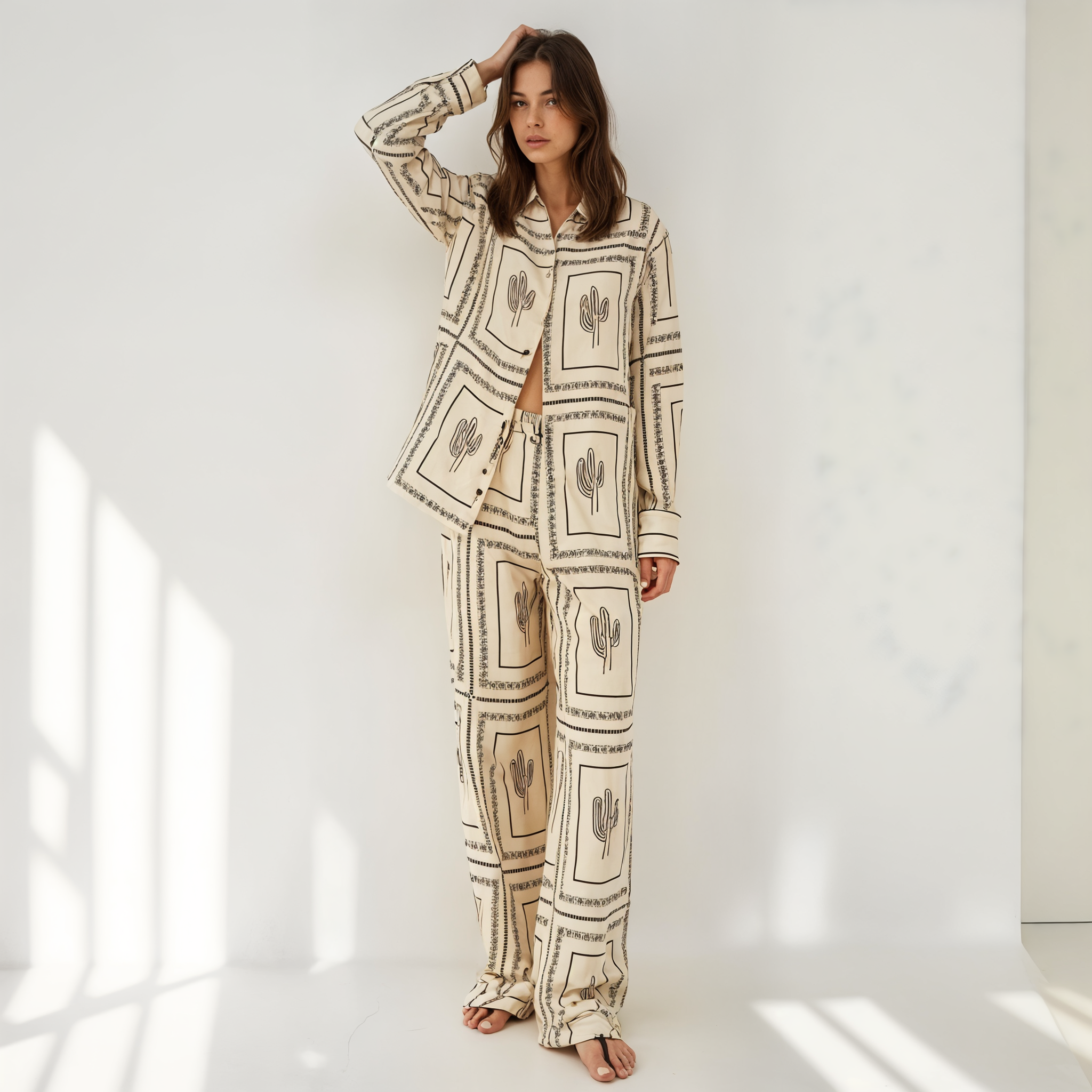 Cactus-Print Button-Up Shirt and Wide-Leg Trousers Set