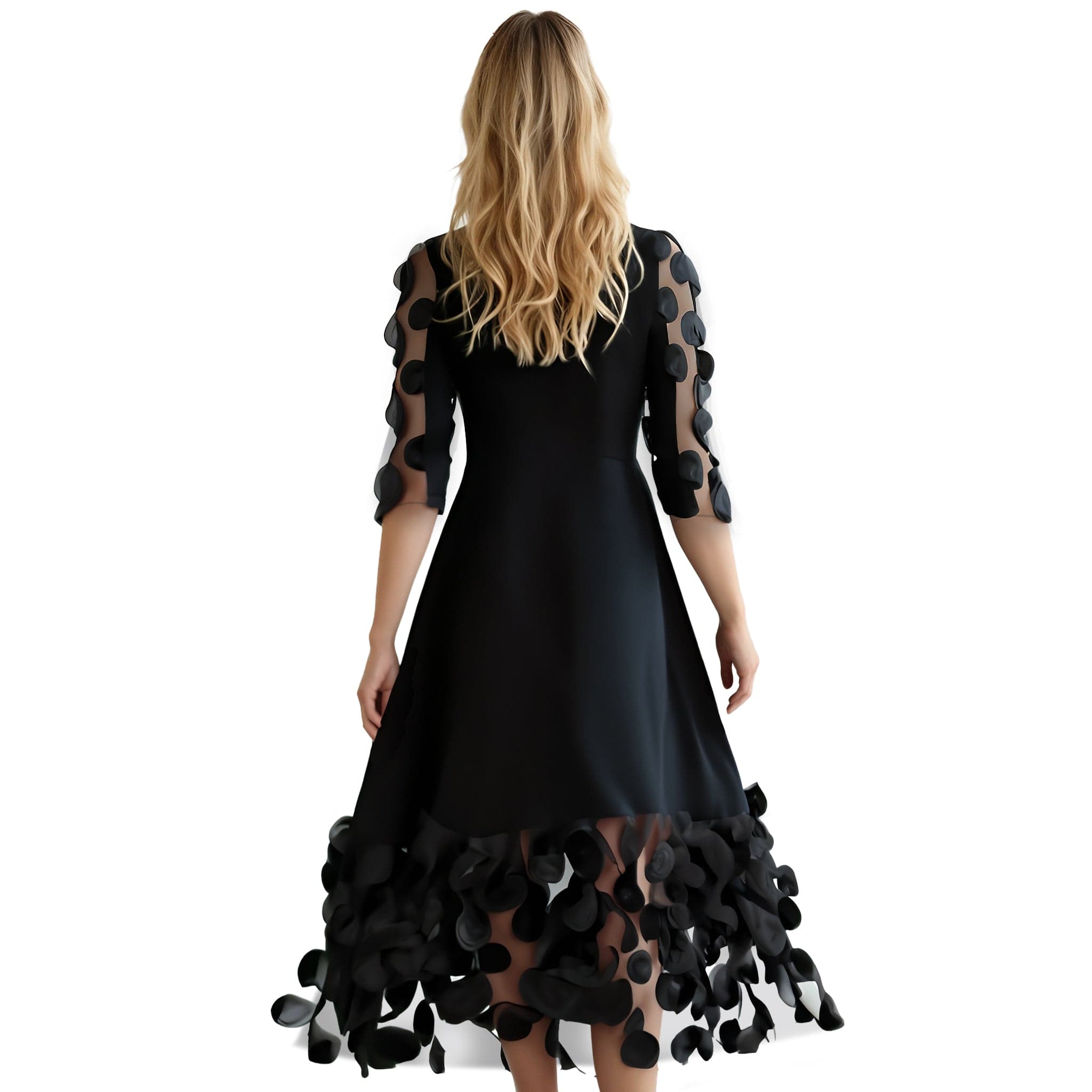 Dress with Sheer Polka Dot Sleeves and Hem