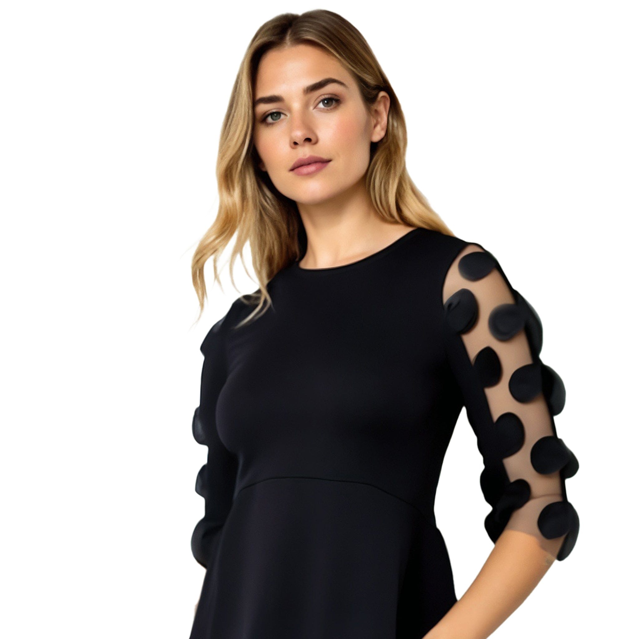 Dress with Sheer Polka Dot Sleeves and Hem