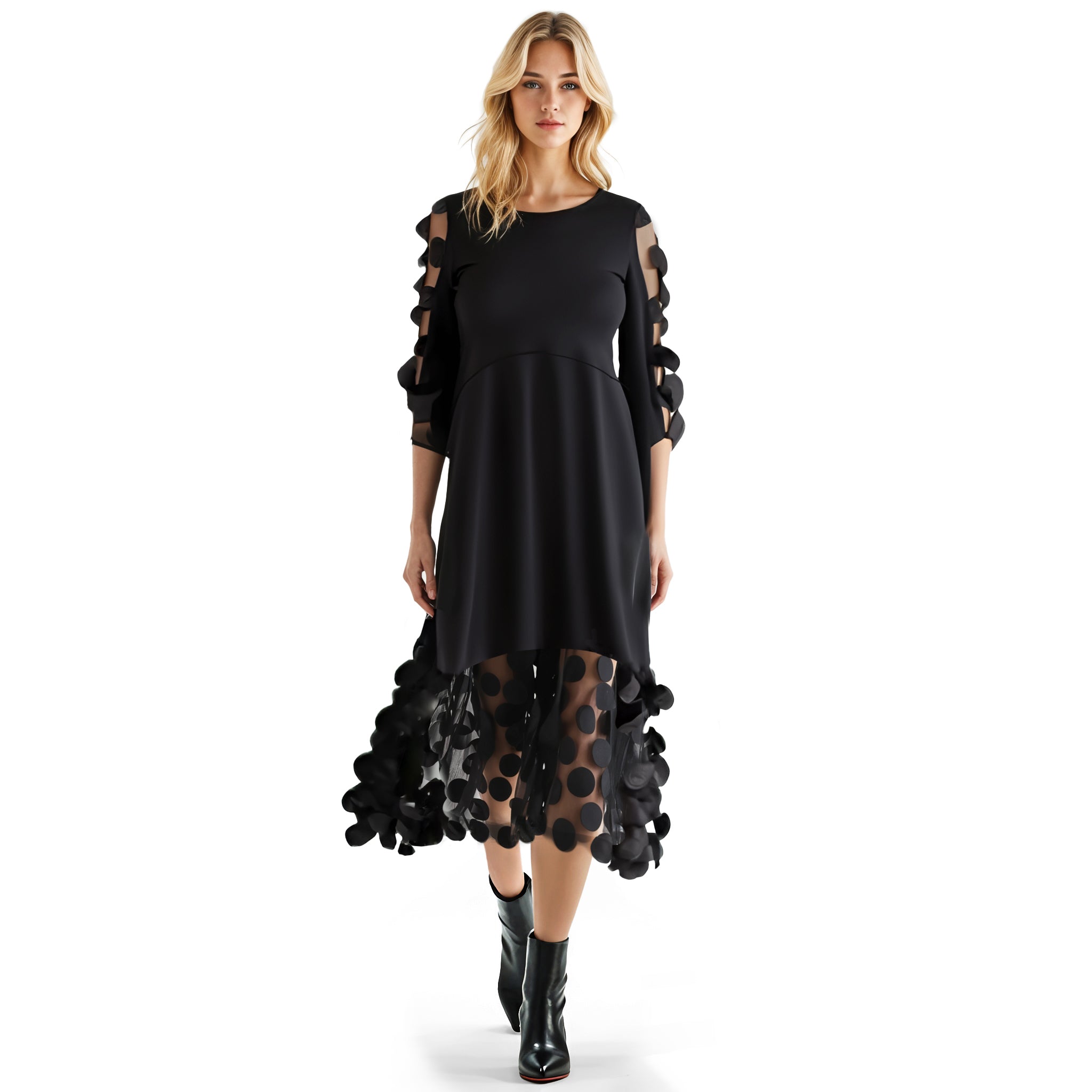 Dress with Sheer Polka Dot Sleeves and Hem