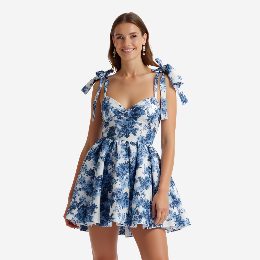 Floral Mini Dress with Shoulder Bows