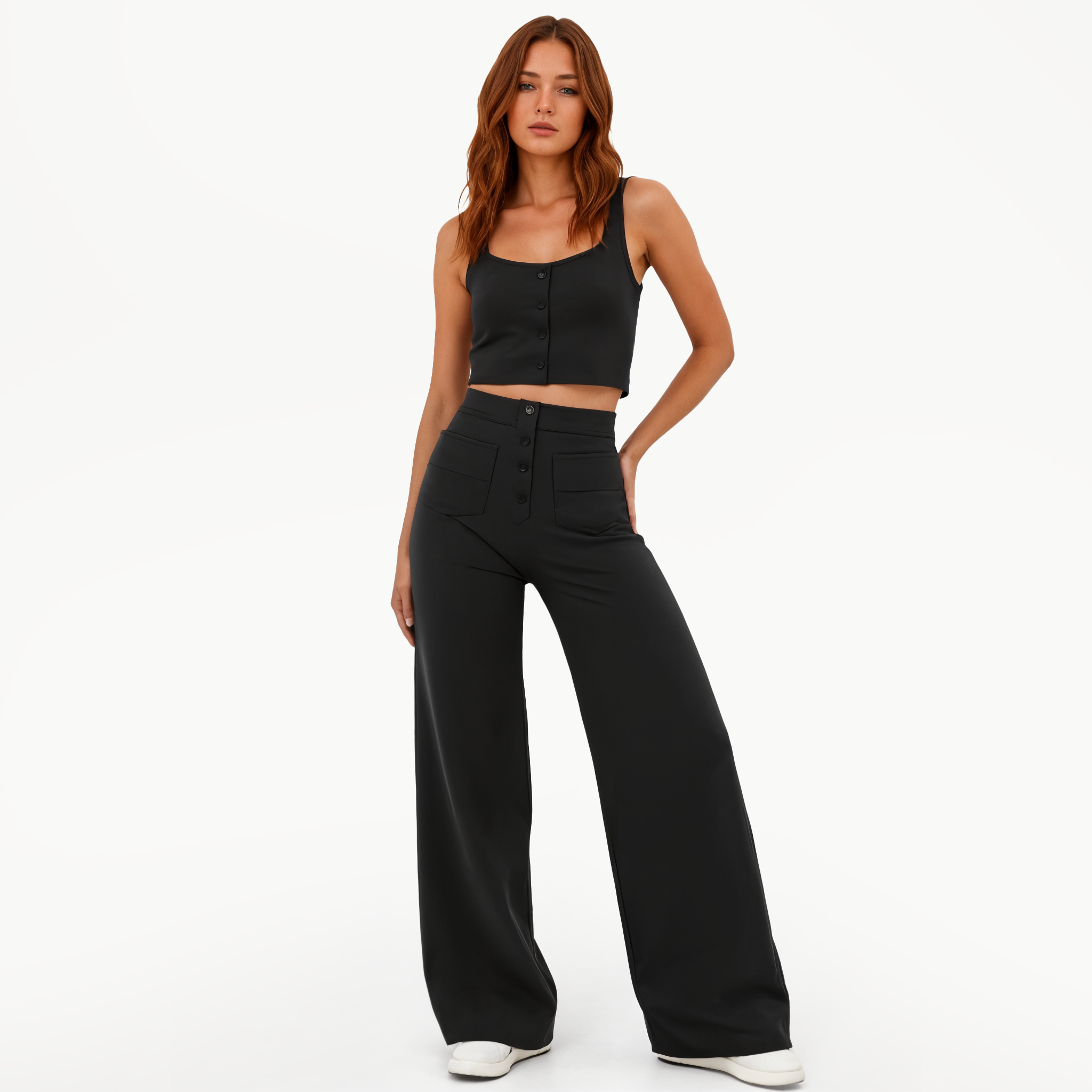 High-Waisted Wide-Leg Pants with Button Details