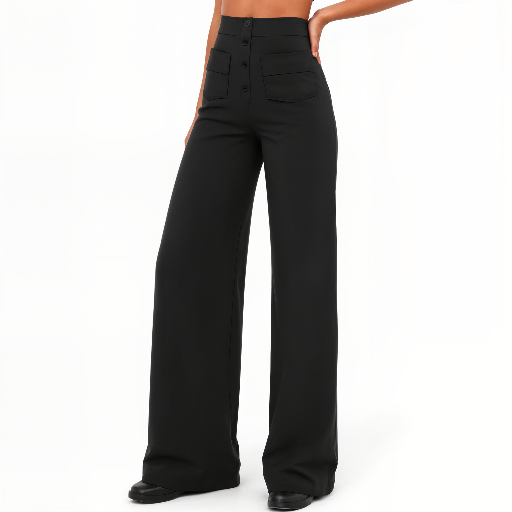 High-Waisted Wide-Leg Pants with Button Details