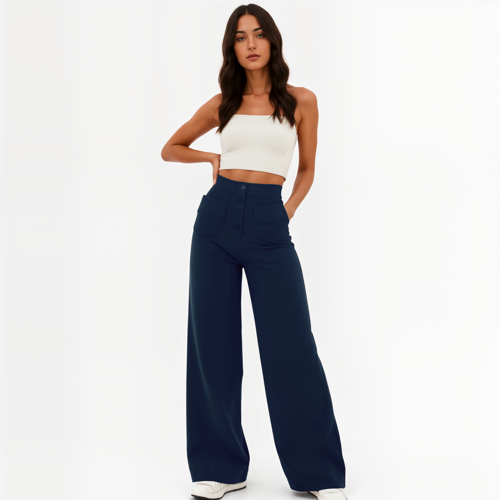 High-Waisted Wide-Leg Pants with Button Details