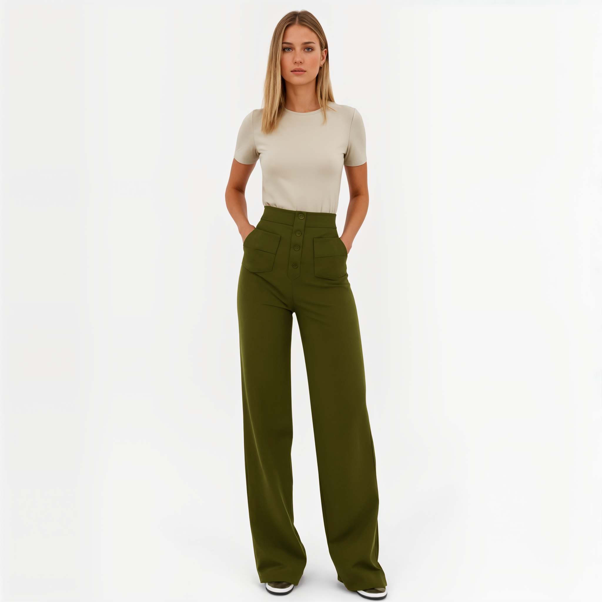 High-Waisted Wide-Leg Pants with Button Details