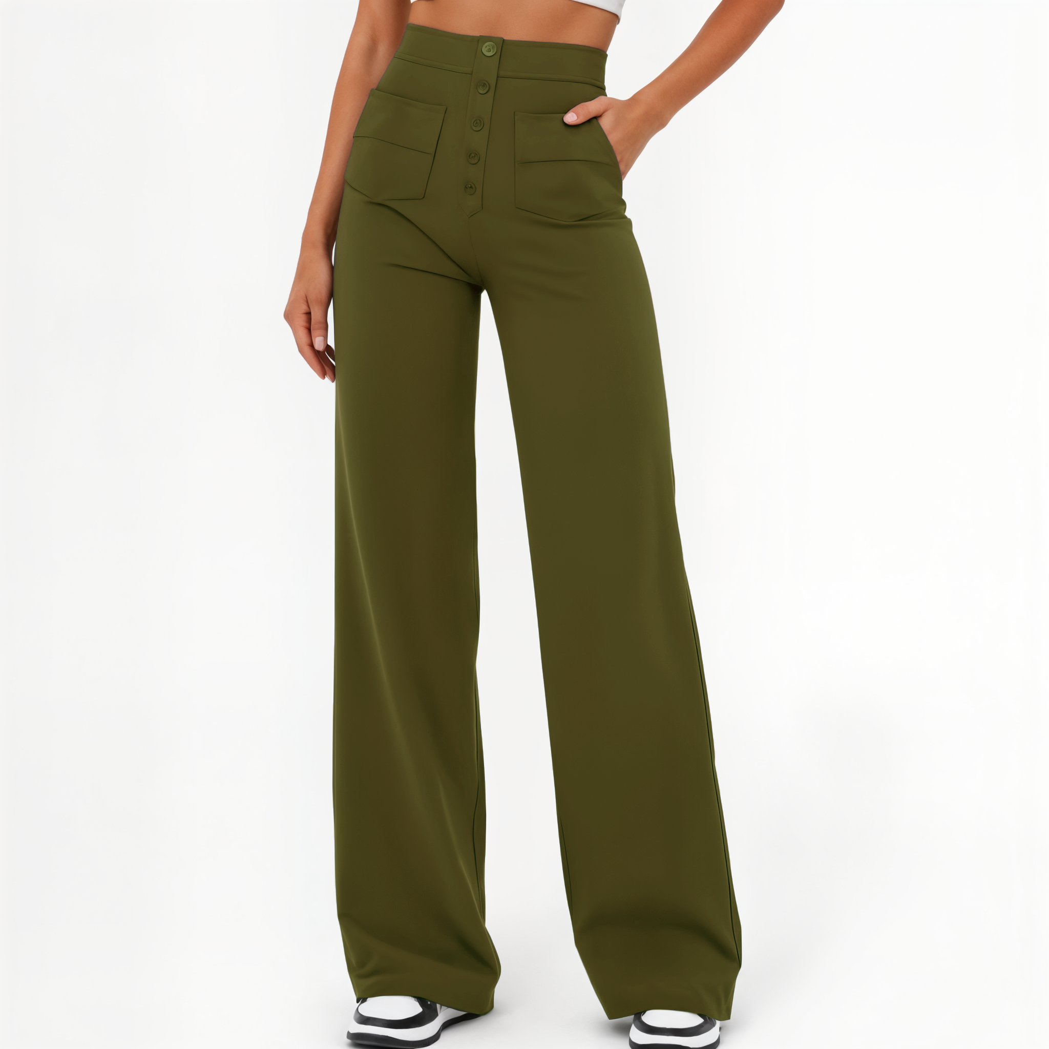 High-Waisted Wide-Leg Pants with Button Details