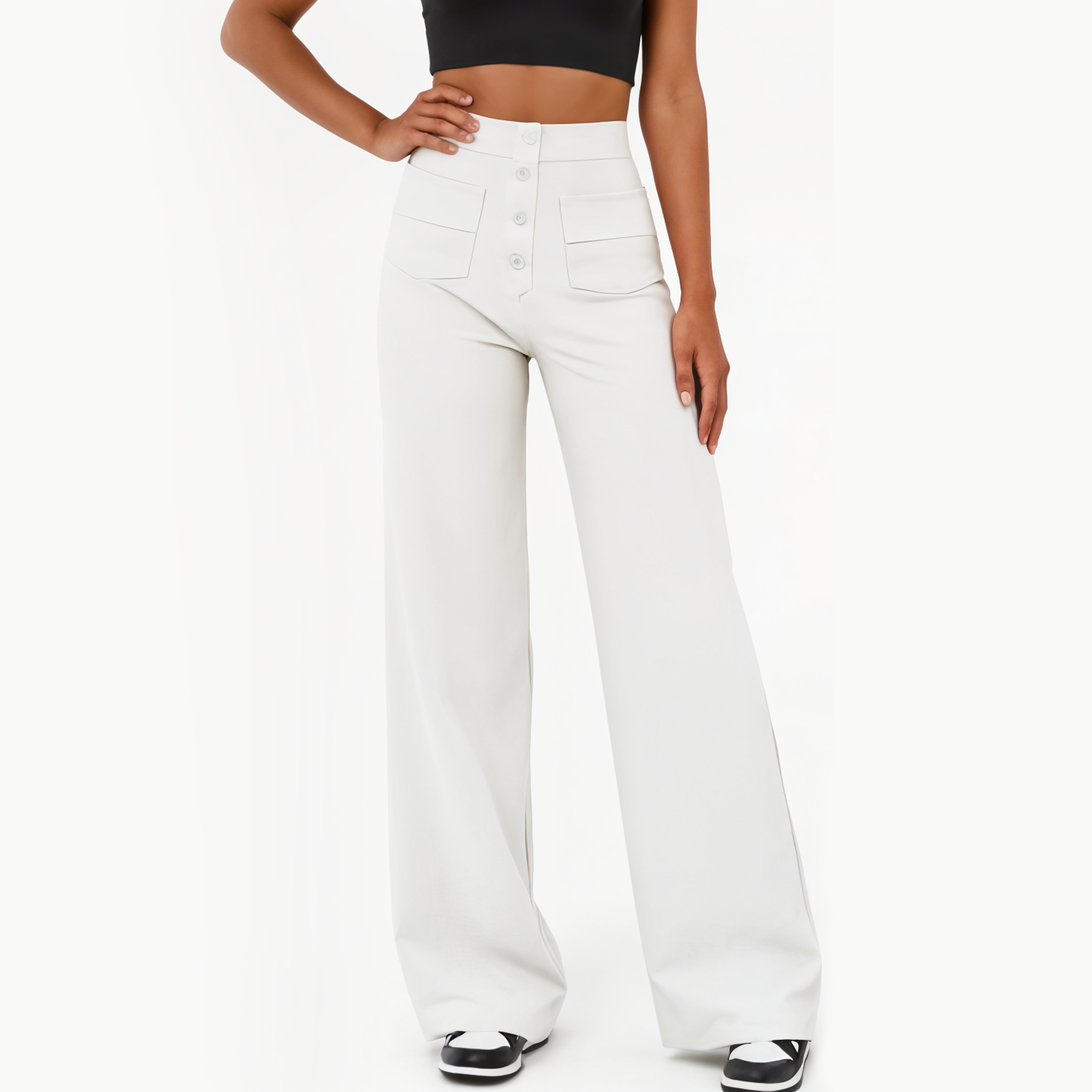 High-Waisted Wide-Leg Pants with Button Details