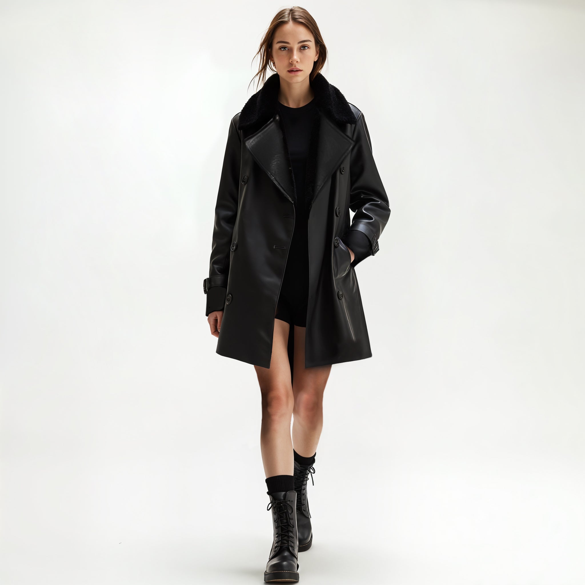 Shearling Collar Leather Trench Coat