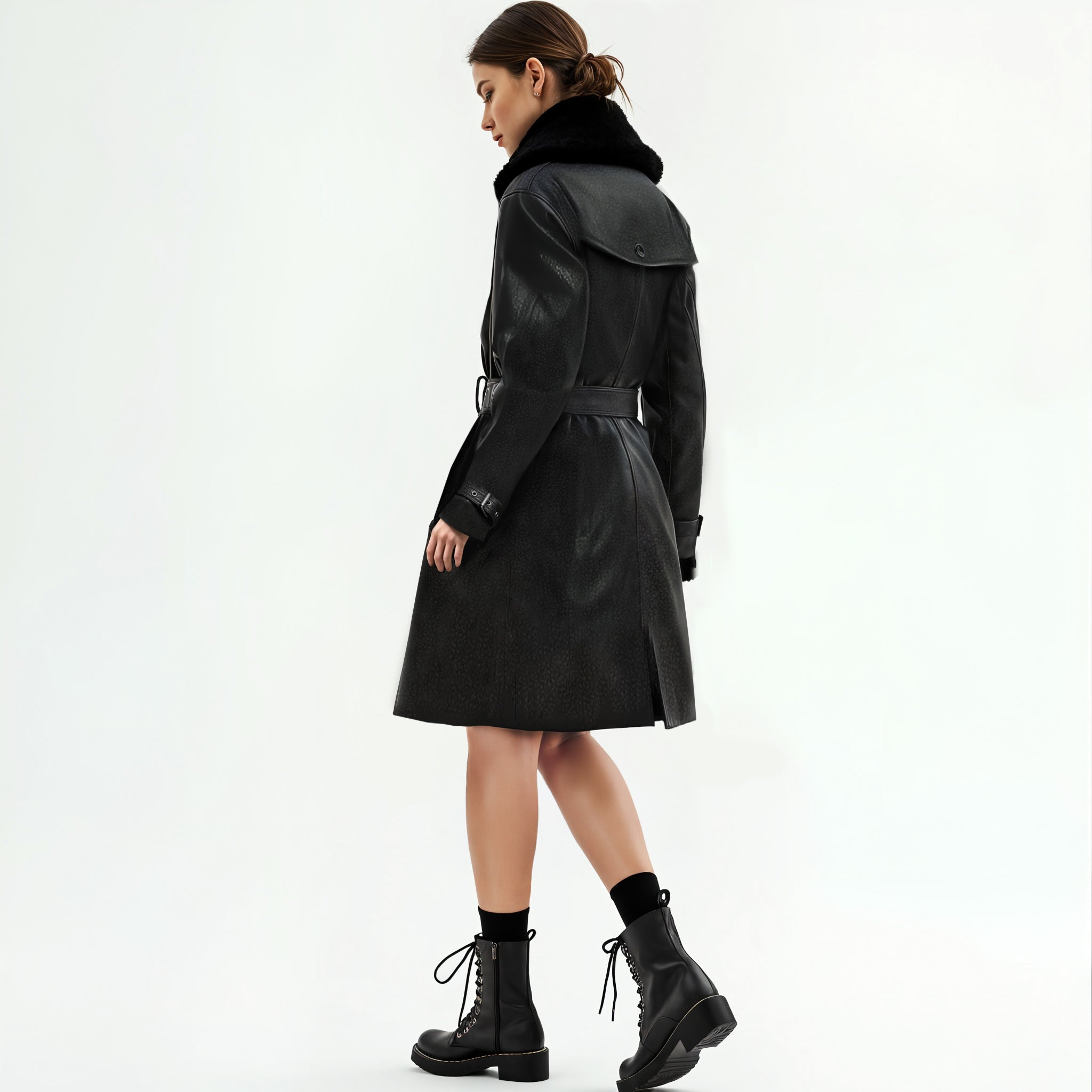 Shearling Collar Leather Trench Coat