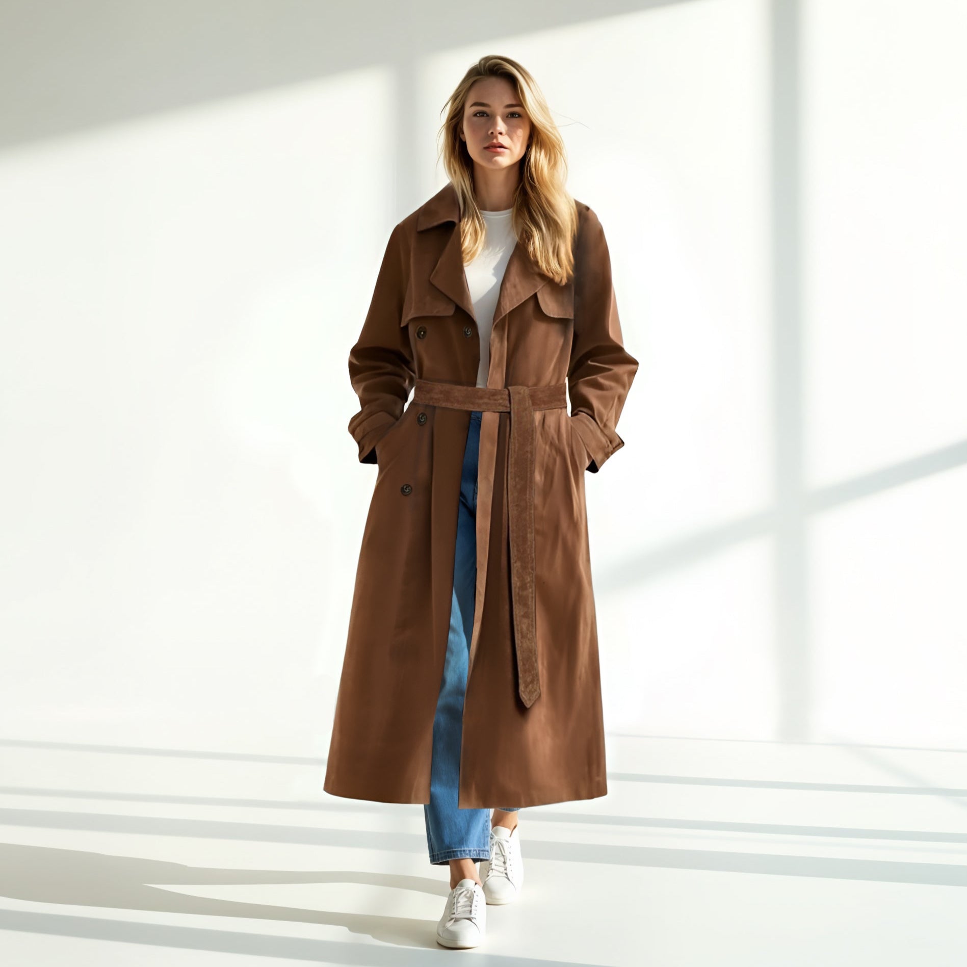 Suede Double-Breasted Trench Coat